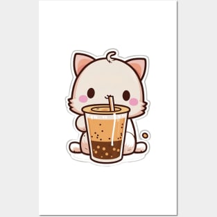 Cute Cat Drinking Bubble Tea Cartoon Boba Drawing Posters and Art